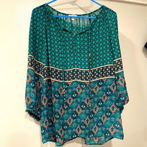 Charming Charlie Turquoise and Coral Paisley Blouse Sz M